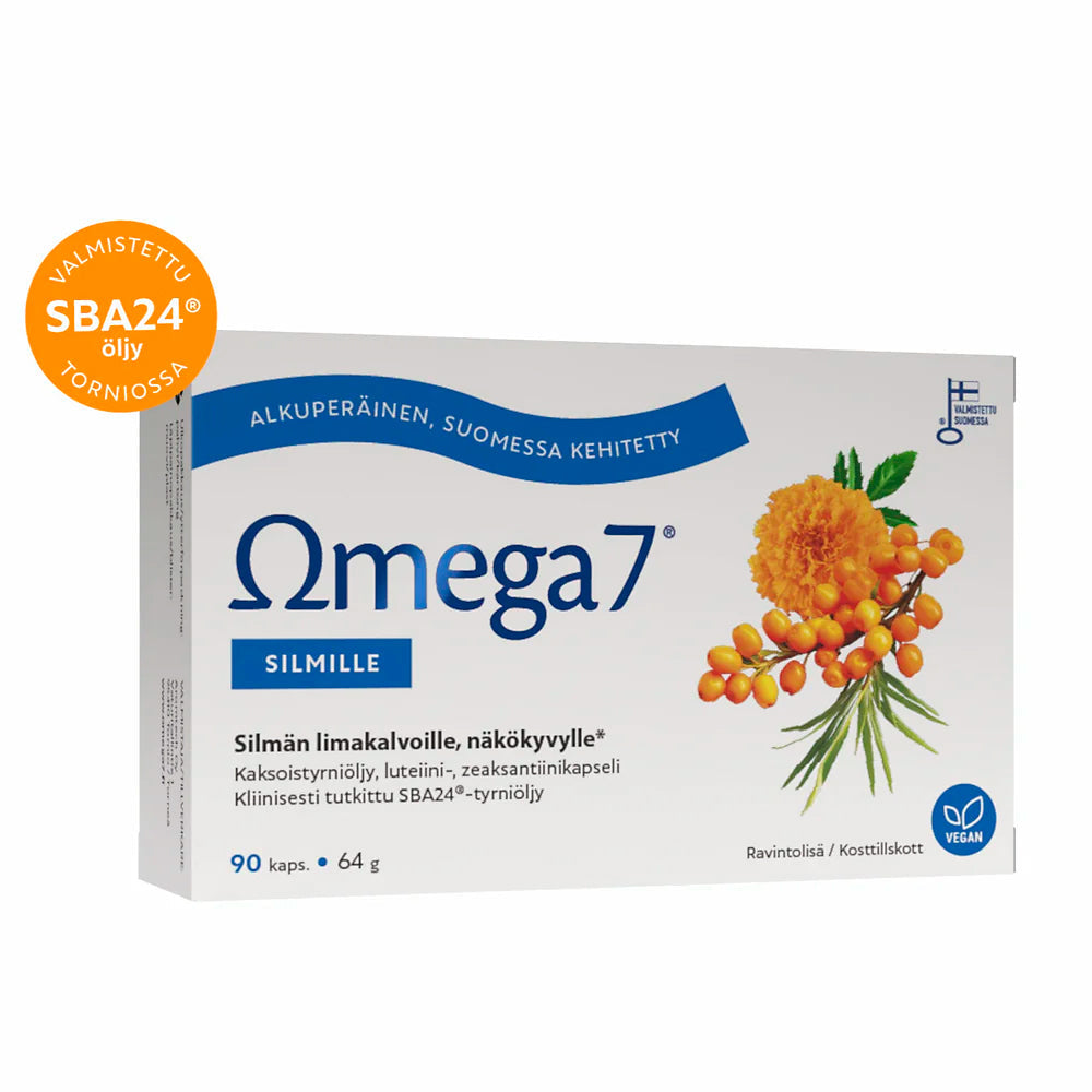 Alkuperäinen Omega7 SBA24® + luteiini Silmille ravitsee ja kosteuttaa silmien limakalvoja. Se sisältää ainutlaatuisen seoksen tyrnin marja- ja siemenöljyä sekä luteiinia ja zeaksantiinia.