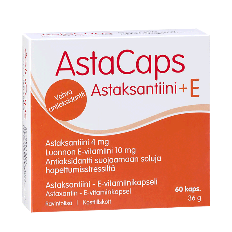 Vahva astaksantiini sekä luonnon E-vitamiinikapseli, joka vaikuttaa suotuisasti ihoon ja lihaksiin sekä edistää vatsan ja silmien hyvinvointia. Astaksantiini antaa keholle virkeyttä ja elinvoimaa sekä E-vitamiini edistää solujen suojaamista hapettumisstressiltä - Outletapteekki