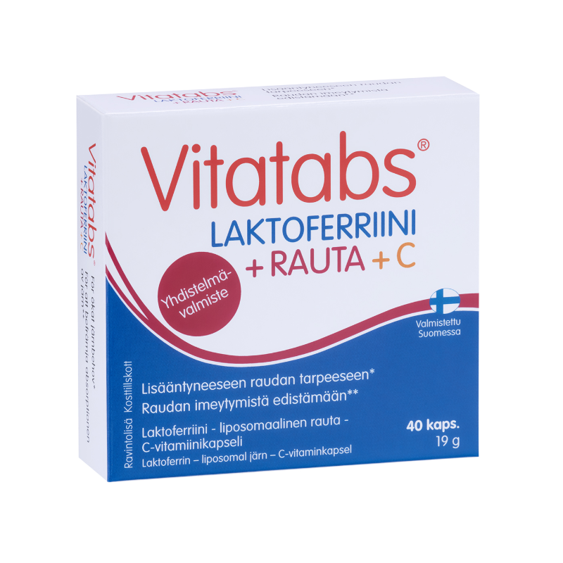 Vitatabs Laktoferriini + C -ravintolisä on suunniteltu raudan imeytymistä edistämään. Laktoferriini on maidon luonnollinen ainesosa, joka edistää raudan biologista hyväksikäytettävyyttä sitomalla rautaa itseensä jo suolistossa - Outletapteekki