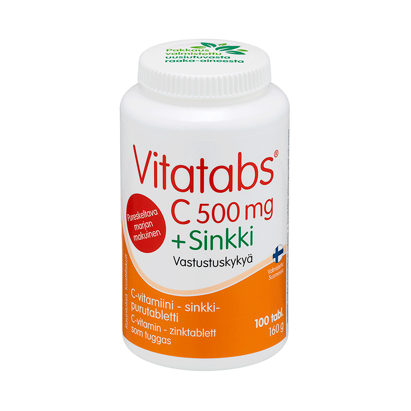 Vitatabs C 500 mg + sinkki tukee hermostoa ja vastustuskykyä, antaa antioksidanttisuojaa sekä auttaa vähentämään väsymystä ja uupumusta ja edistää kollageenin tuotantoa mm. ihon ja verisuonten normaalia toimintaa varten - Outletapteekki