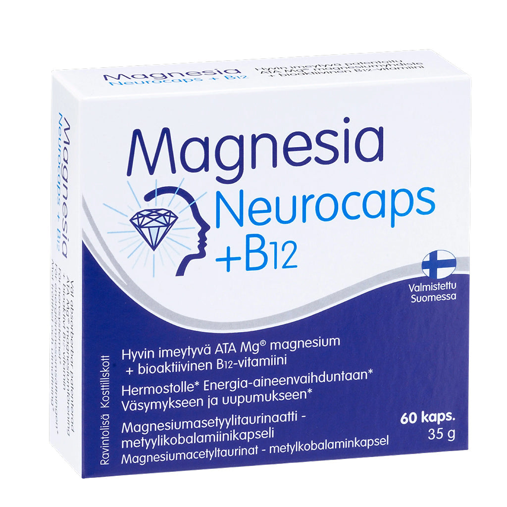 Aivomagnesium sisältää patentoitua ATA Mg® -magnesiumasetyylitaurinaattia ja
Metyylikobalamiinia eli bioaktiivista B12-vitamiinia
Hermostolle, energia-aineenvaihduntaan, väsymykseen ja uupumukseen