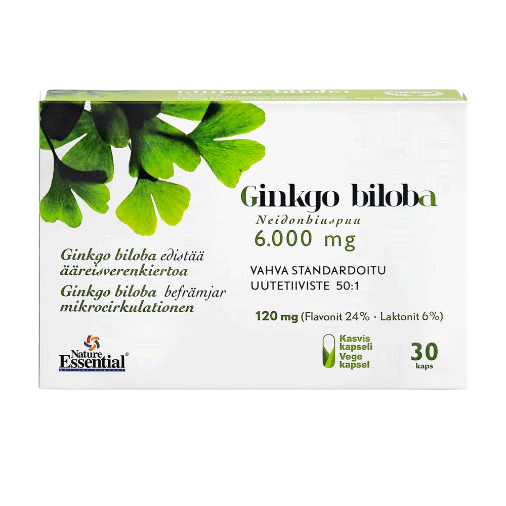 Ginkgo Biloba Neidonhiuspuu on luonnollinen kasvipohjainen ravintolisä edistämään ääreisverenkiertoa sekä normaalia verenkiertoa - Outletapteekki
