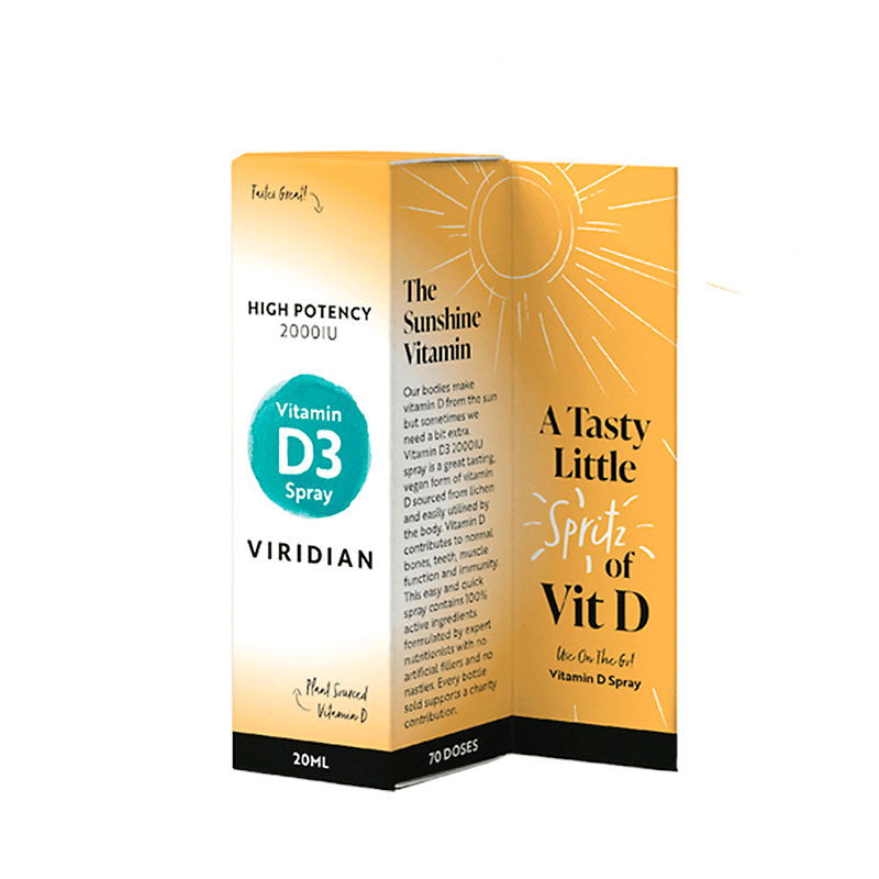 Viridian D3-vitamiinispray on vahva, hyvänmakuinen ja 100 % luonnollinen D3-vitamiinilisä. Vegaaninen D-vitamiinin muoto, joka on peräisin jäkälästä - Outletapteekki