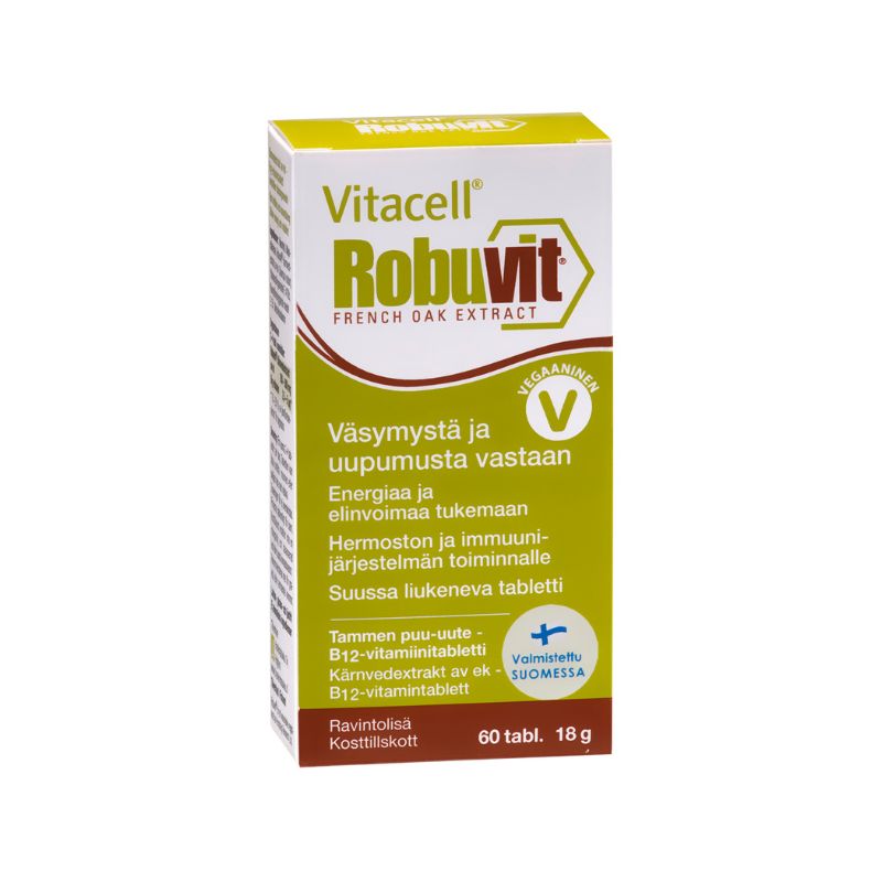 Robuvit tammenpuu-uute, B12-vitamiini auttaa vähentämään väsymystä ja uupumusta. Se on hyväksi muistille ja edistää normaaleja psykologisia toimintoja, veren punasolujen muodostusta, hermoston ja immuunijärjestelmän toimintaa sekä energia-aineenvaihduntaa.